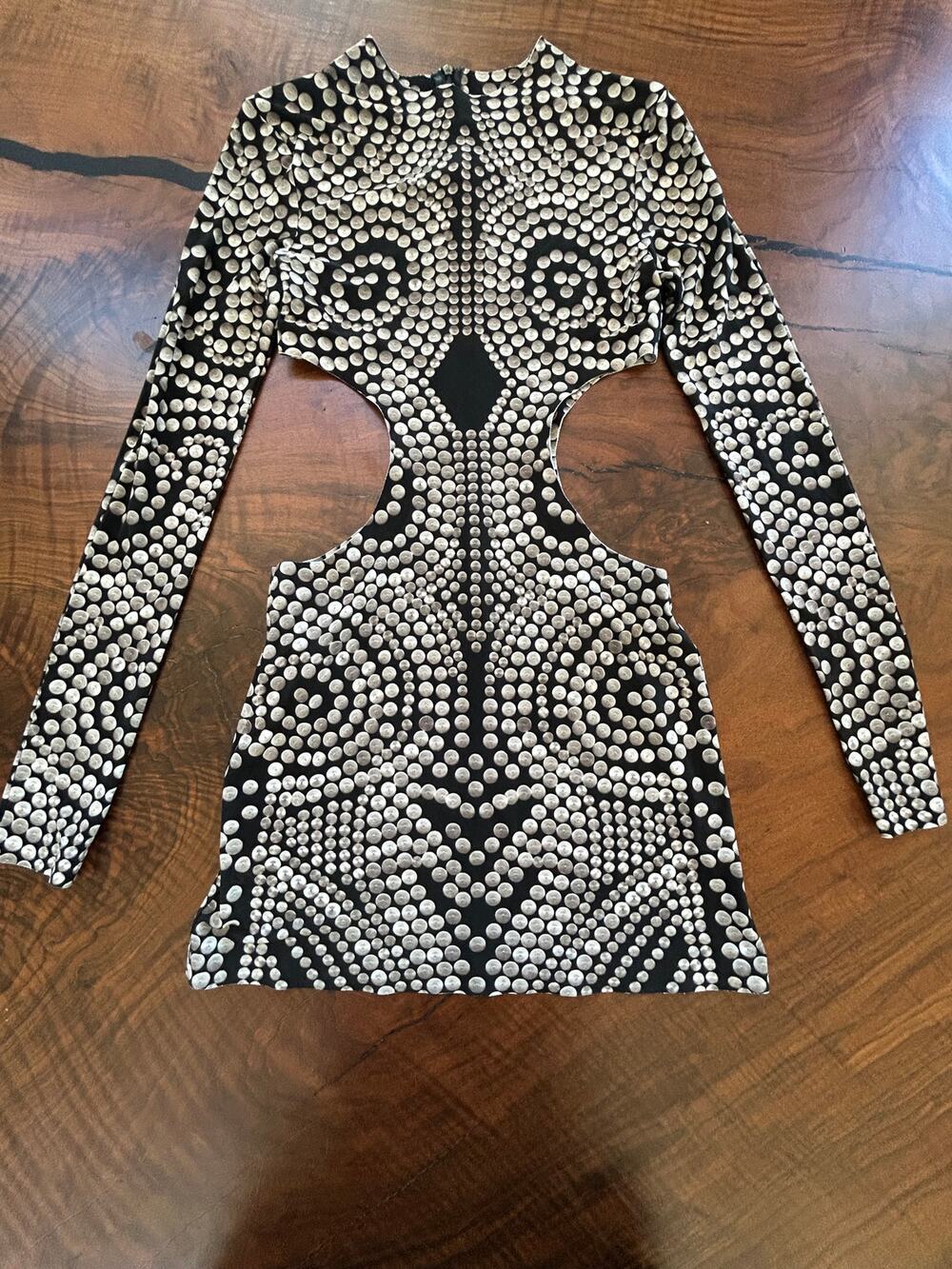 Norma Kamali Printed Stud Cutout Long Sleeve Bodycon Mini Dress XS